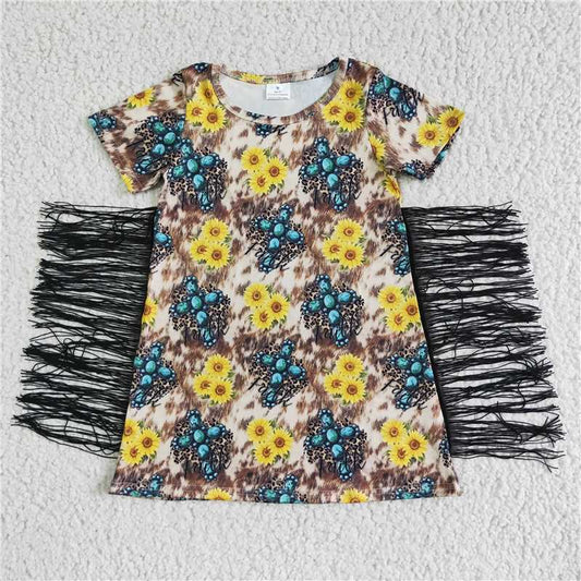 GSD0056 Girls Blue Gem Sunflower Tassel Short Sleeve Dress