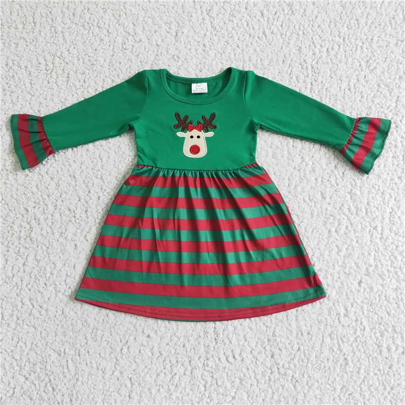 GLD0014  Christmas reindeer embroidery green red baby girls dresses