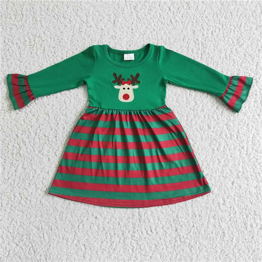 GLD0014  Christmas reindeer embroidery green red baby girls dresses