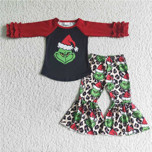GLP0010 Grinch Santa hat red long sleeve leopard print trousers suit