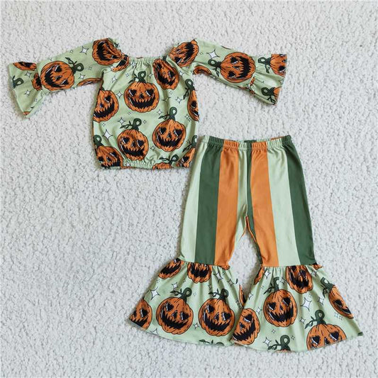 GLP0023Pumpkin top stripe bell bottom pants girls Halloween set