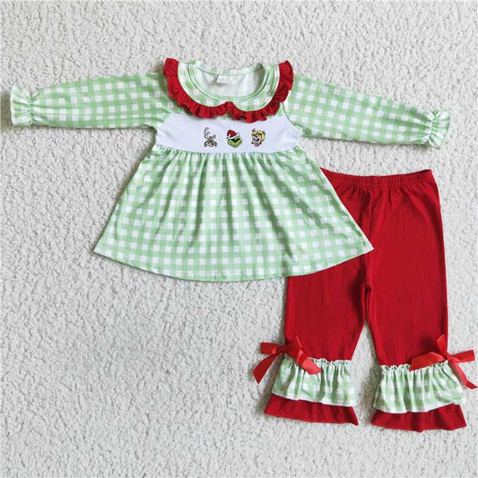 GLP0033 Girls grinch embroidered Christmas long-sleeved red trousers set