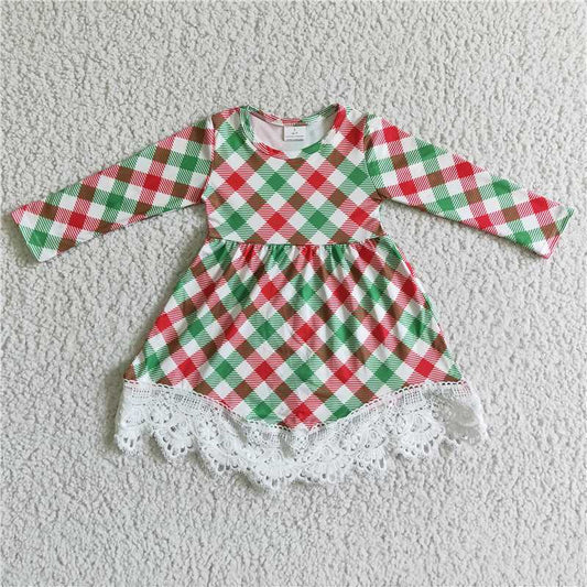GLD0023  Baby girls Christmas green red plaid lace dresses