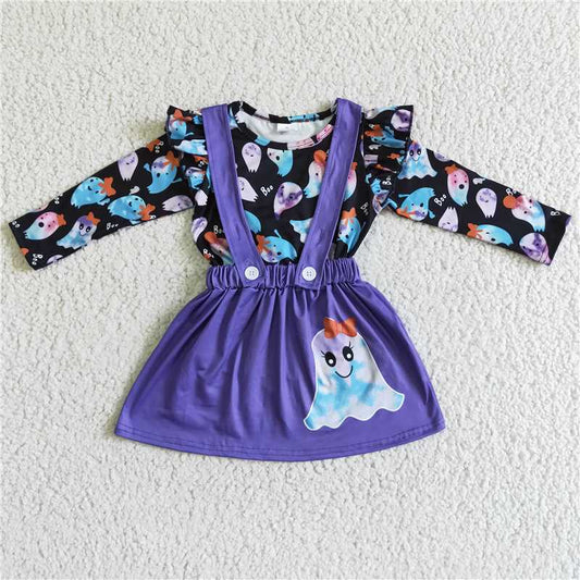 GLD0026Boo ghost shirt purple suspender skirt girls Halloween set
