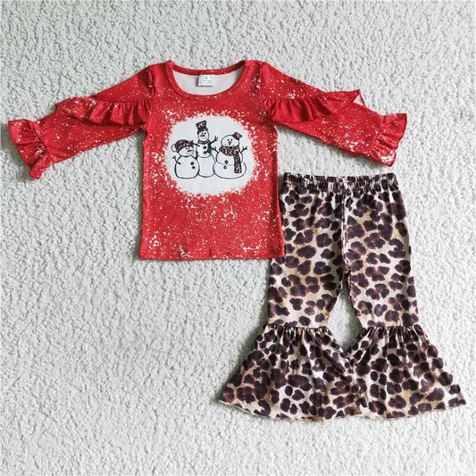 GLP0103Red snowman shirt leopard pants girls Christmas outfits