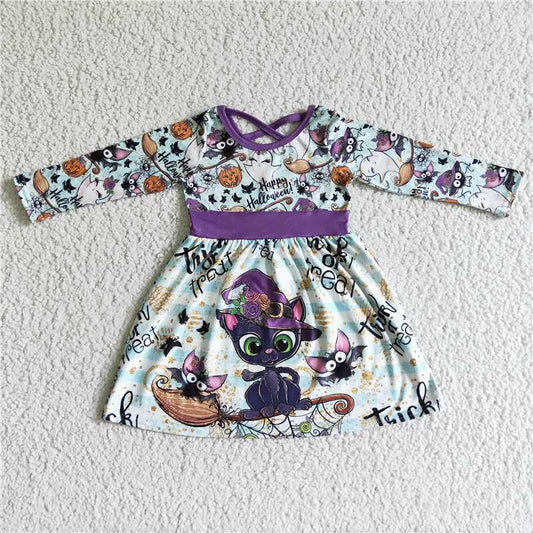 GLD0036  Baby girls Halloween cat long sleeve belt dresses