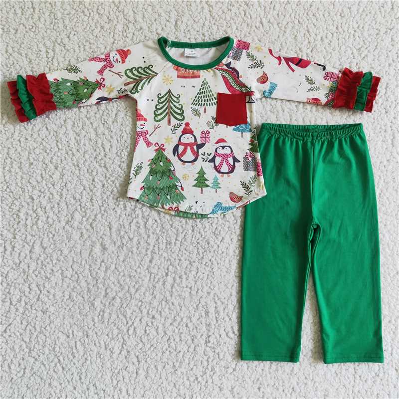 12.12 RTS NO MOQ （In stock）GLP0179 baby girls Christmas penguin legging sets