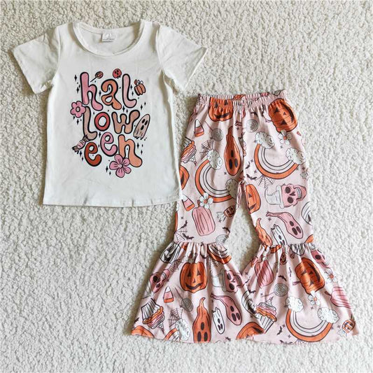 GSPO0184 Girls Halloween Pumpkin Low Sleeve Long Pants Set