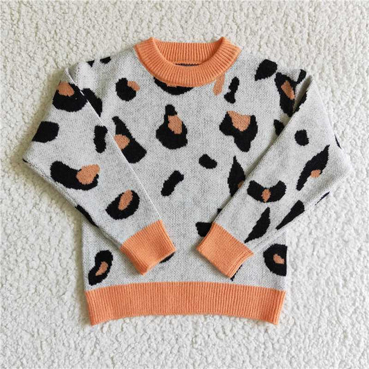 GT0041  Baby Girls Fall Leopard orange pullover Sweaters