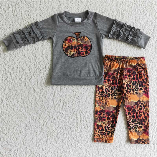 GLP0210Grey cotton pumpkin shirt leopard leggings girls fall set