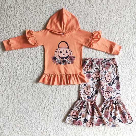 GLP0213Pumpkin basket bat floral hoodie set girls Halloween outfits