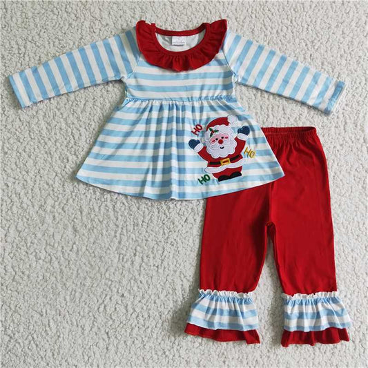 GLP0175 Girls Embroidered Santa Claus Striped Long Sleeve Pants Set