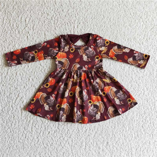 GLD0053  Baby girls Thanksgiving turkey knee length dresses