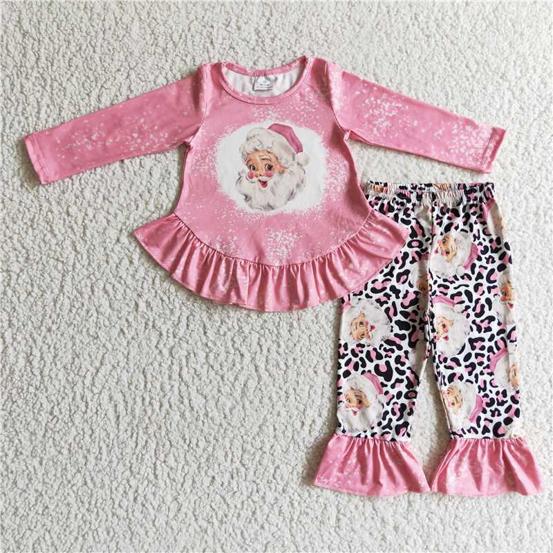 12.11 RTS NO MOQ （In stock）GLP0245 Baby Girls Christmas pink santa top pants clothes sets