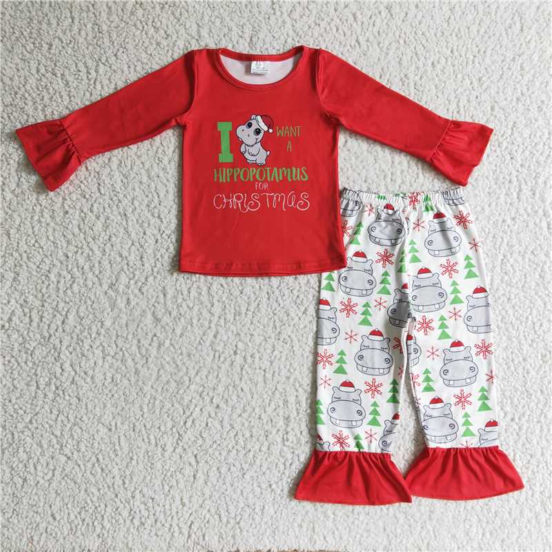 GLP0302 Girls Christmas Hippo Red Long Sleeve Pants Suit