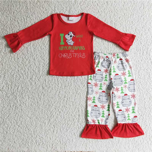 GLP0302 Girls Christmas Hippo Red Long Sleeve Pants Suit