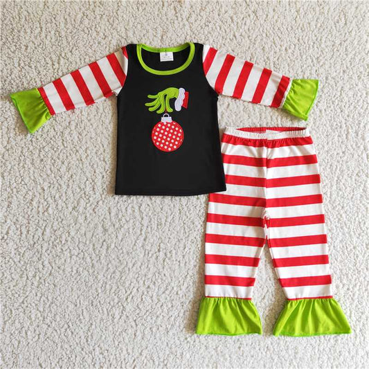GLP0284 Girls embroidered grinch hand red striped long sleeve trousers set