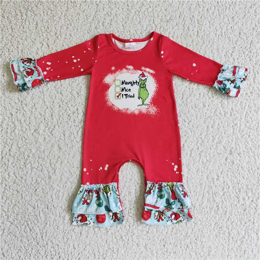 LR0193  Naughty or nice green face baby girls Christmas romper