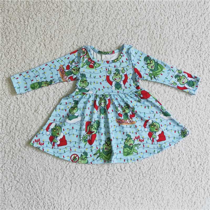 11.26 RTS NO MOQ （In stock）GLD0103 Baby Girls Christmas Cartoon Green Knee Length Dresses