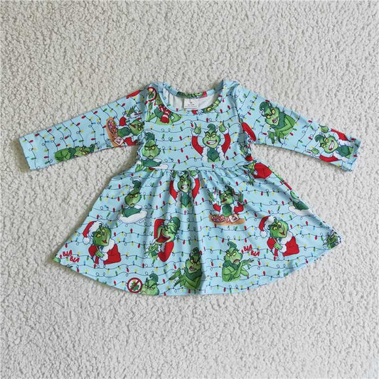 11.26 RTS NO MOQ （In stock）GLD0103 Baby Girls Christmas Cartoon Green Knee Length Dresses