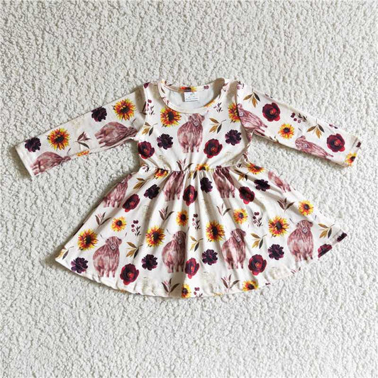 GLD0118  Baby girls fall highland cow western knee length dresses