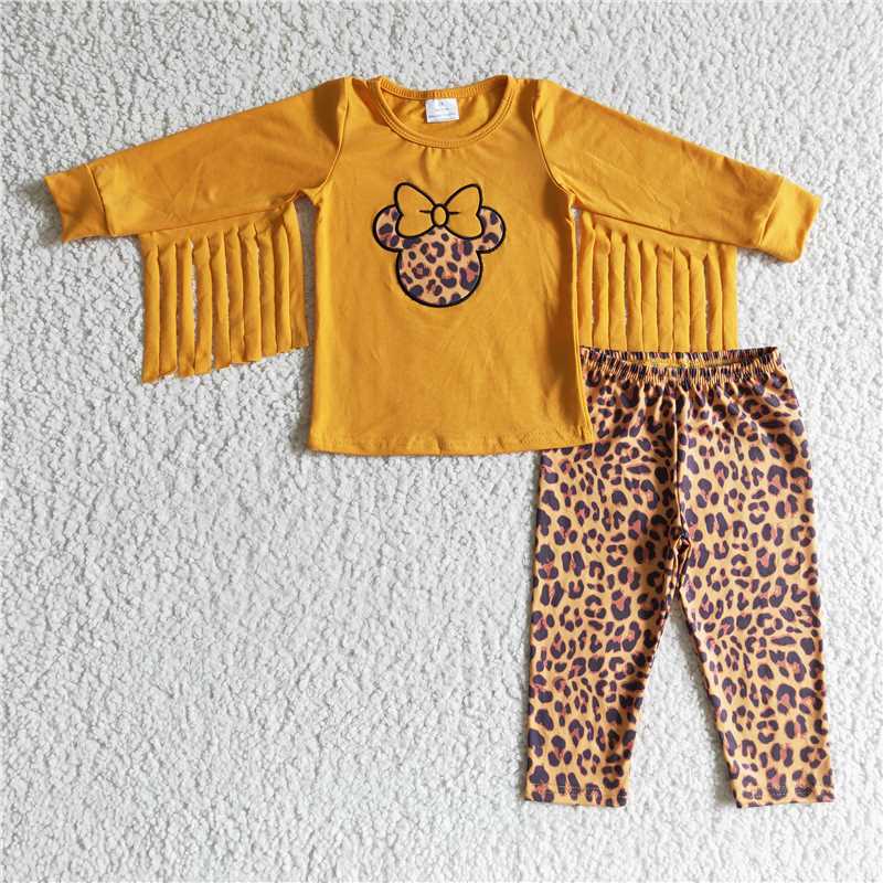 GLP0128Cotton tassles mouse embroidery leopard pants girls clothes