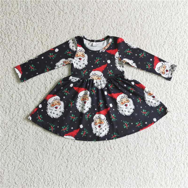 11.26 RTS NO MOQ （In stock）GLD0102 Baby Girls Black Santa Christmas Twirl Knee Length Dresses
