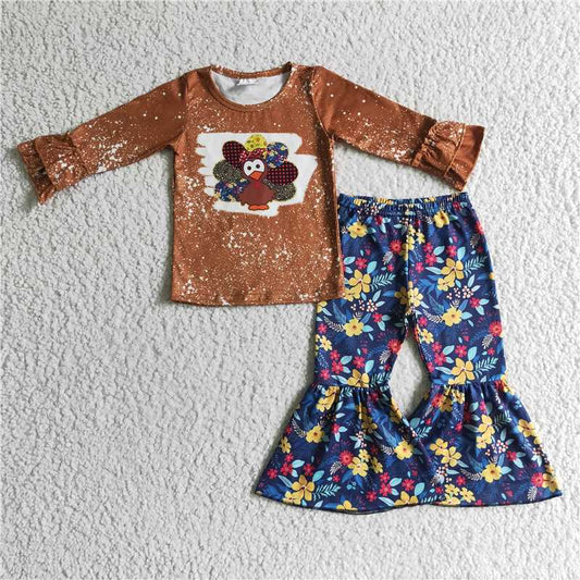 GLP0241Turkey bleached shirt floral pants girls Thanksgiving clothing