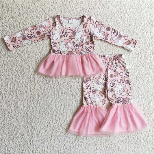 GLP0297 Girls Santa Claus pink mesh long-sleeved trousers suit