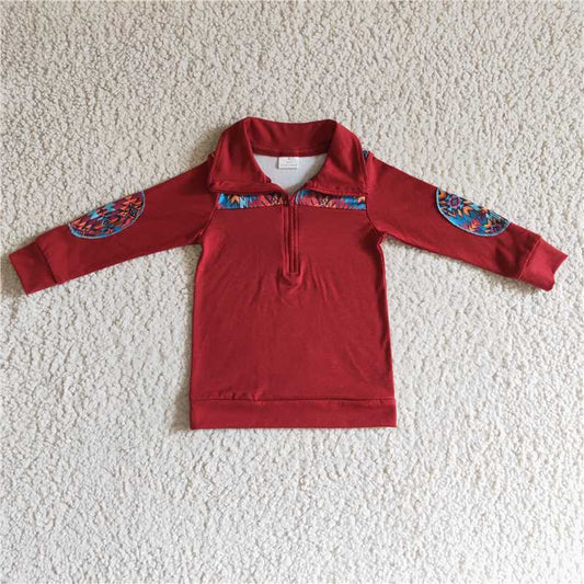 BT0080 Baby boys red aztec long sleeve pullovers Tops