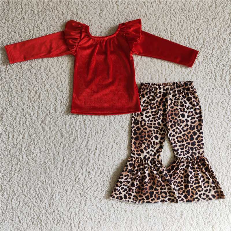 GLP0312Red velvet shirt leopard pants girls fall winter clothes
