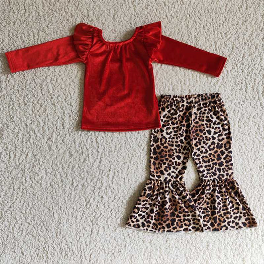 GLP0312Red velvet shirt leopard pants girls fall winter clothes