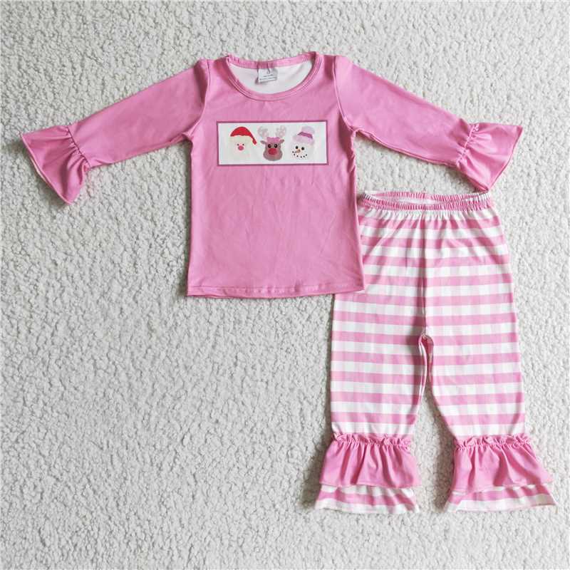 GLP0315 Girls Santa Claus, Deer, Snowman Pink Long Sleeve Pants Set