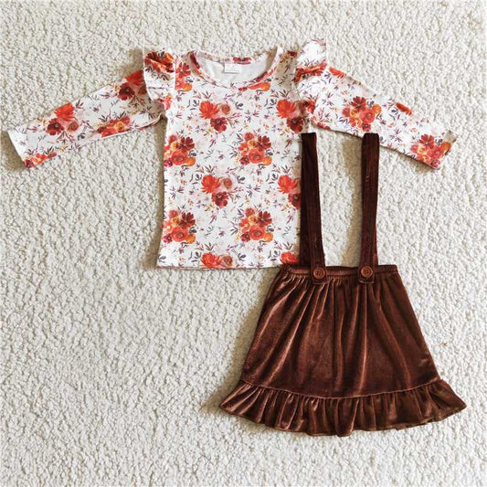 GLD0141Floral shirt match brown velvet suspender skirt girls fall winter clothes