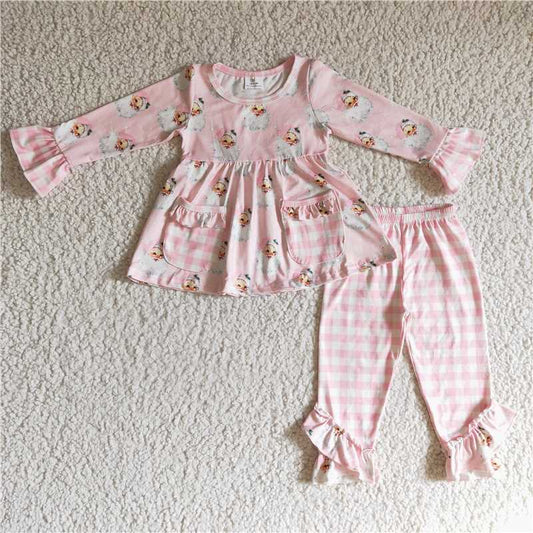 GLP0298 Girls Santa Claus pink pocket long sleeve pants suit