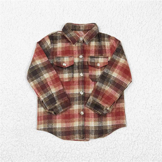 BT0191 Red brown plaid cotton pocket boy flannel button up shirt