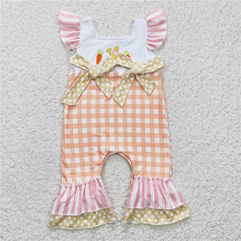 SR0129 Girls Embroidery Bunny Carrot Orange Fly Sleeve Jumpsuit