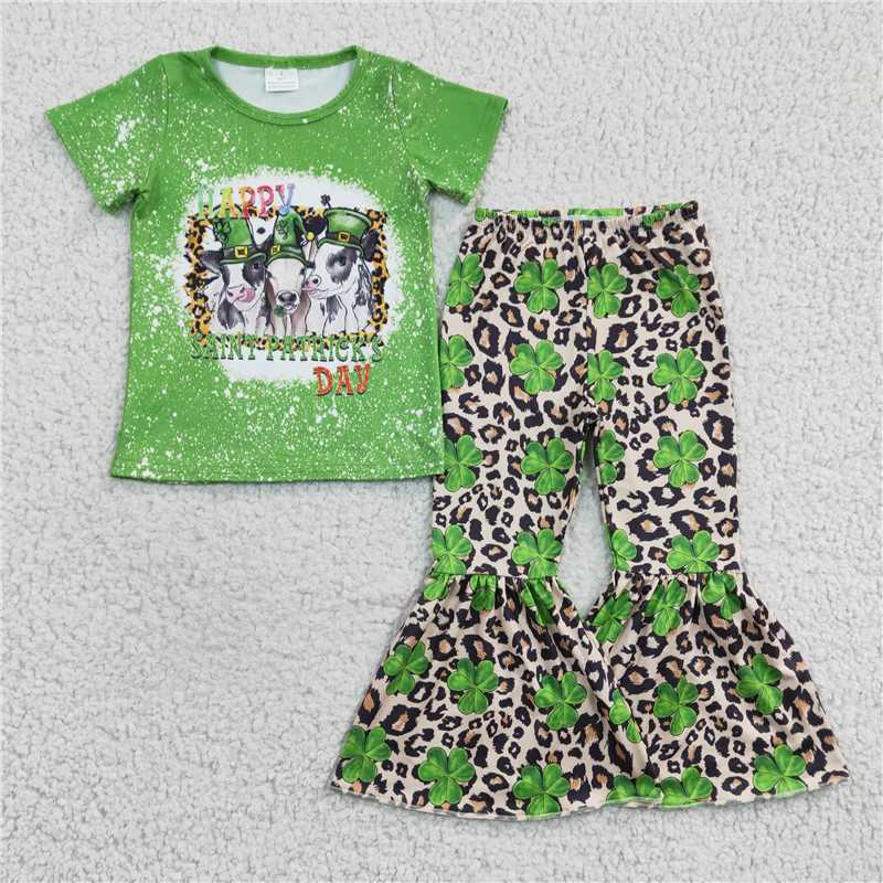GSPO0329 Girls' four-leaf clover cow leopard print green short-sleeved trousers suit