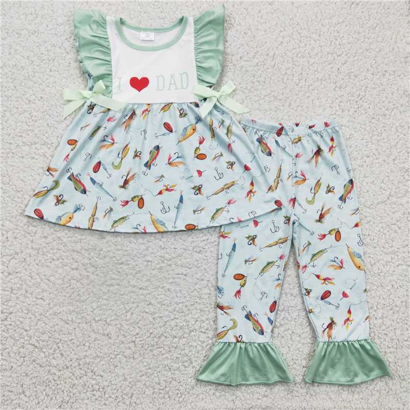 GSPO0382 Girls DAD fishing green flying sleeve trousers suit