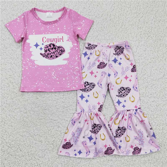 GSPO0349 Girls cowgirl hat pink short-sleeved trousers suit