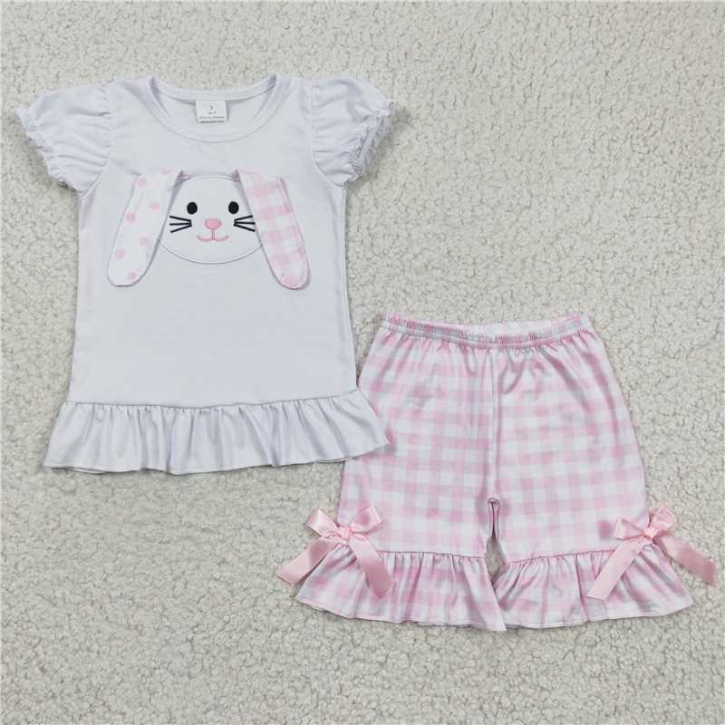 GSSO0128 Girls Embroidered Rabbit White Short Sleeve Pink Shorts Set