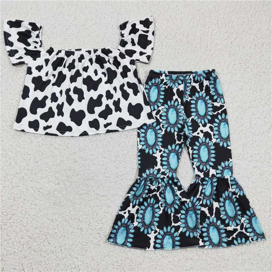 GSPO0351 Girls' cow pattern gemstone short-sleeved trousers suit