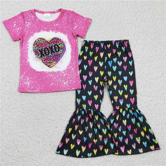 GSPO0379 Girls XOXO rose red leopard print heart short-sleeved trousers suit