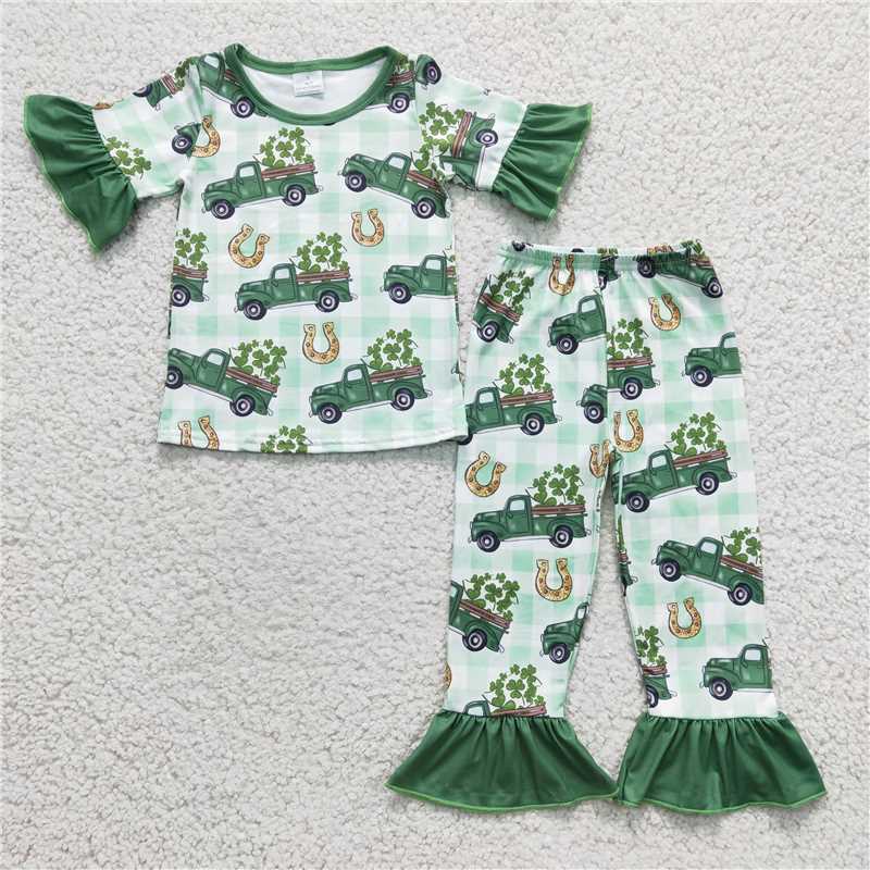 GSPO0287 Girls green car four-leaf clover short-sleeved trousers suit