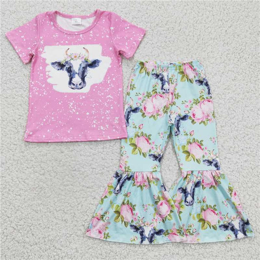 GSPO0395 Girls' cow flower pink short-sleeved trousers suit