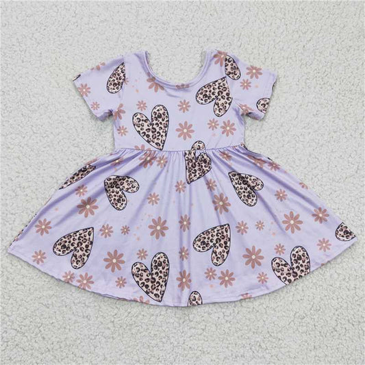 GSD0213 Girls' leopard print heart purple short-sleeved dress