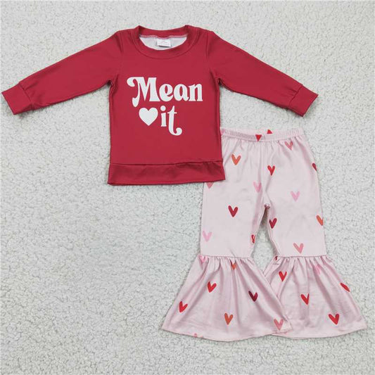GLP0396 Mean it heart bell bottom pants girls valentine's outfits