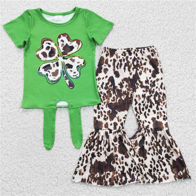 GSPO0297 Girls' green cow pattern four-leaf clover short-sleeved trousers suit