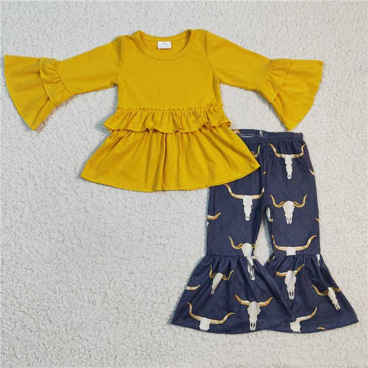 GLP0368Mustard ruffle tunic cow bell bottom pants girls western outfits