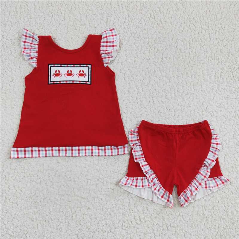 GSSO0142Crab embroidery backless shirt shorts girls summer clothes